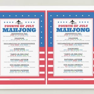 May include: Two Fourth of July Mahjong game cards. The cards have a red, white, and blue color scheme with text that reads "Fourth of July Mahjong." The cards have a star pattern at the top and bottom.