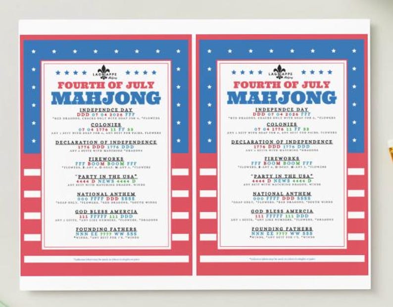 May include: Two Fourth of July Mahjong game cards. The cards have a red, white, and blue color scheme with text that reads "Fourth of July Mahjong." The cards have a star pattern at the top and bottom.
