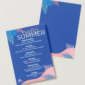 May include: Two blue cards with a pink and teal tropical leaf design. One card has the words "hello SUMMER" and event details. The other card is blank. The cards are for summer events.