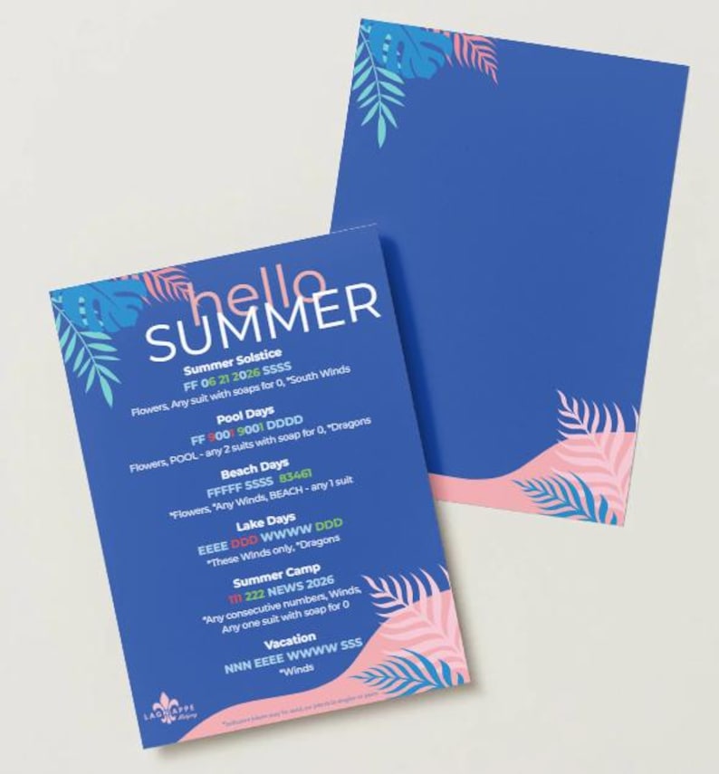 May include: Two blue cards with a pink and teal tropical leaf design. One card has the words "hello SUMMER" and event details. The other card is blank. The cards are for summer events.