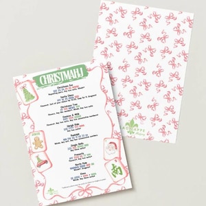 May include: A Christmas Mahjong score card featuring a pink bow pattern, the title CHRISTMAHJ, and a list of game combinations including Christmas Eve, Santa Claus, and Jingle Bells, alongside illustrations of a gingerbread man and Santa.