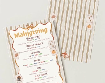 Può includere: Una scheda segnapunti Mahjgiving con uno sfondo a righe ondulate beige e bianche. La scheda mostra il titolo Mahjgiving in testo arancione, seguito dalle regole di gioco per Thanksgiving, Friends & Family, Football, Feast, Fall e Black Friday.