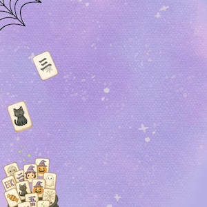 Puede incluir: Un fondo morado claro con una telara&ntilde;a negra en la esquina superior izquierda, un caldero negro lleno de fichas de mahjong con tem&aacute;tica de Halloween en la parte inferior izquierda y dos fichas flotantes, con el texto LAGNIAPPE Mahjong.