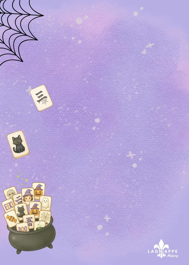 Puede incluir: Un fondo morado claro con una telara&ntilde;a negra en la esquina superior izquierda, un caldero negro lleno de fichas de mahjong con tem&aacute;tica de Halloween en la parte inferior izquierda y dos fichas flotantes, con el texto LAGNIAPPE Mahjong.