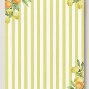 May include: A stationery item with a yellow and white striped background. Watercolor illustrations of oranges and lemons with green leaves are in the corners. The design is fresh and summery.