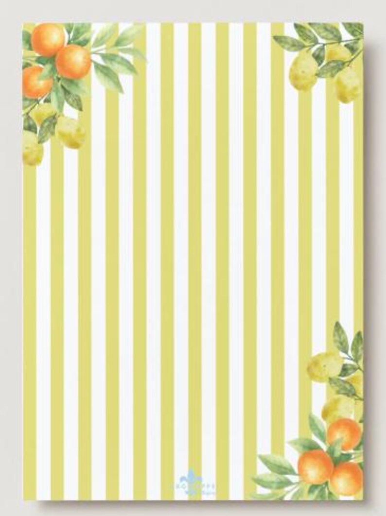 May include: A stationery item with a yellow and white striped background. Watercolor illustrations of oranges and lemons with green leaves are in the corners. The design is fresh and summery.