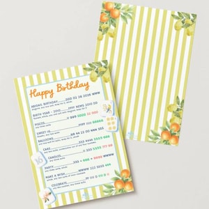 May include: Two birthday cards with a yellow and white striped pattern. One card has text that reads "Happy Birthday" and other details. Watercolor illustrations of oranges and lemons decorate the corners.
