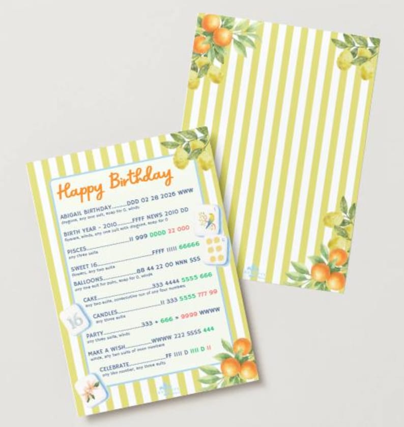 May include: Two birthday cards with a yellow and white striped pattern. One card has text that reads "Happy Birthday" and other details. Watercolor illustrations of oranges and lemons decorate the corners.