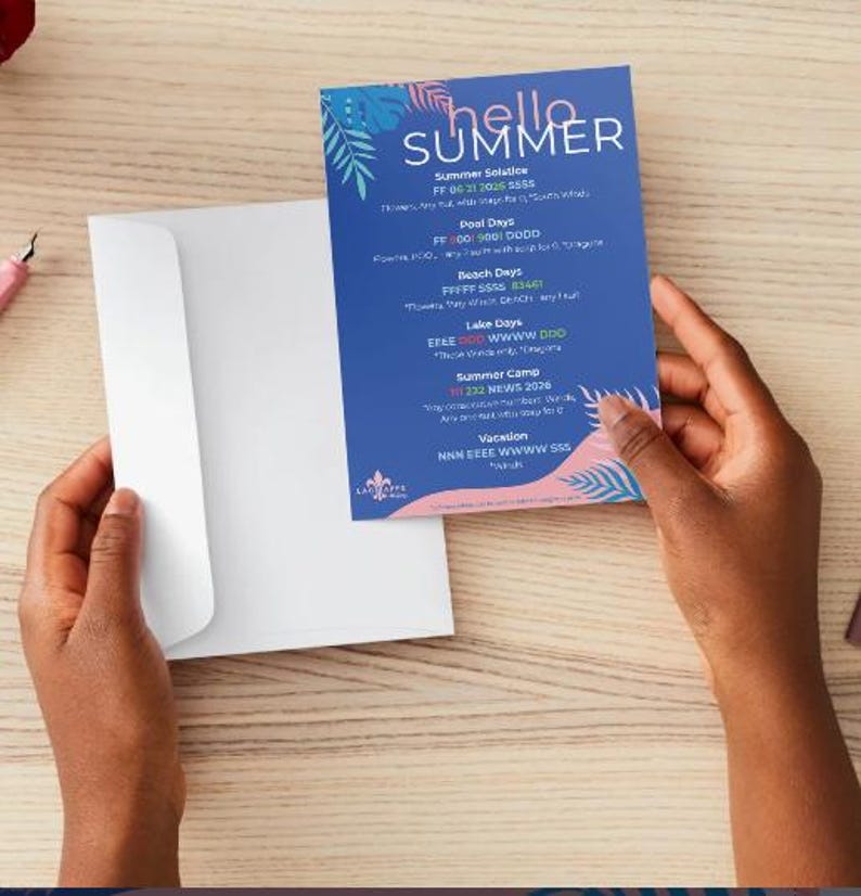 May include: A blue and pink summer-themed card with the words "hello SUMMER" in white. The card is held next to a white envelope. The card lists summer events and dates. The background is a light wood color.
