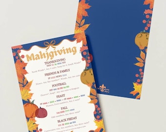 Può includere: Due cartoncini rettangolari con sfondo blu scuro, decorati con foglie autunnali arancioni e gialle, bacche rosse e zucche. Il cartoncino frontale presenta il testo Mahjgiving, seguito da Thanksgiving, Friends & Family, Football, Feast, Fall e Black Friday.