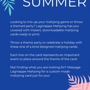 May include: A blue graphic with the words "hello SUMMER" in white. The image promotes downloadable mahjong cards for themed parties and holidays. Text includes details about custom card options.