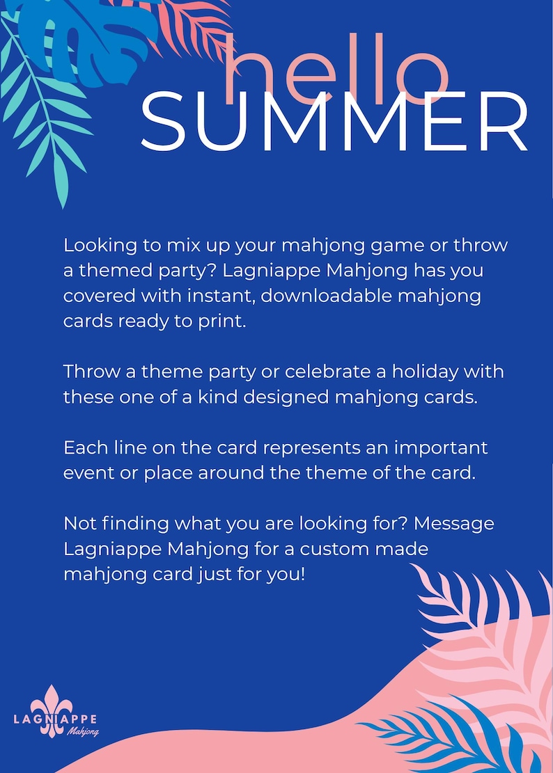 May include: A blue graphic with the words "hello SUMMER" in white. The image promotes downloadable mahjong cards for themed parties and holidays. Text includes details about custom card options.