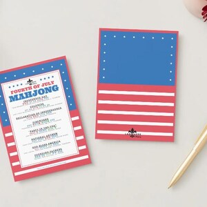 May include: Two Fourth of July Mahjong game cards. One card features a red, white, and blue design with the text "Fourth of July Mahjong" and a list of related terms. The other card has a blue top with white stars and red and white stripes.