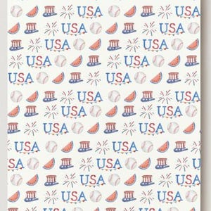May include: A repeating pattern on a white background features the word "USA" in red and blue, along with baseballs, watermelon slices, fireworks, and Uncle Sam hats. The design evokes a patriotic theme.
