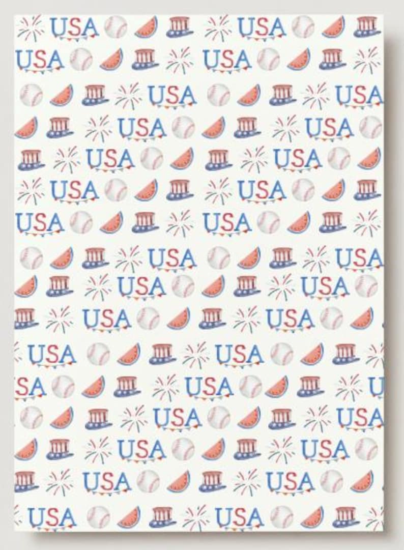 May include: A repeating pattern on a white background features the word "USA" in red and blue, along with baseballs, watermelon slices, fireworks, and Uncle Sam hats. The design evokes a patriotic theme.