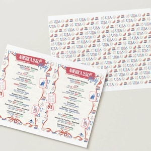 May include: Two sheets of paper with patriotic designs. One features a repeating pattern of Uncle Sam hats, fireworks, and the word "USA." The other has text that reads "America 250th Birthday" with patriotic imagery.