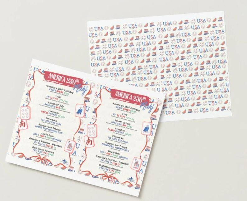 May include: Two sheets of paper with patriotic designs. One features a repeating pattern of Uncle Sam hats, fireworks, and the word "USA." The other has text that reads "America 250th Birthday" with patriotic imagery.