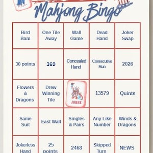 以下が含まれることがあります： America 250th Mahjong Bingoの白いゲームカード。赤いブラシストロークのヘッダー、野球ボール、花火、自由の女神の牌のイラストが描かれています。グリッドは5行5列で構成され、青い文字で様々な麻雀用語や数字が記載されています。