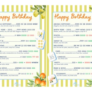 May include: Two birthday-themed cards with a lemon and orange theme. The cards have the words "Happy Birthday" at the top and include text with various prompts and numbers. Decorative elements include lemons, oranges, and dice.