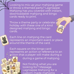 Puede incluir: Un folleto informativo morado titulado MAHJOWEEN con un gr&aacute;fico de telara&ntilde;a negra, una mano sosteniendo una tarjeta con una ilustraci&oacute;n de bruja y un caldero verde oscuro lleno de fichas de mahjong y tarjetas de bingo con tem&aacute;tica de Halloween.