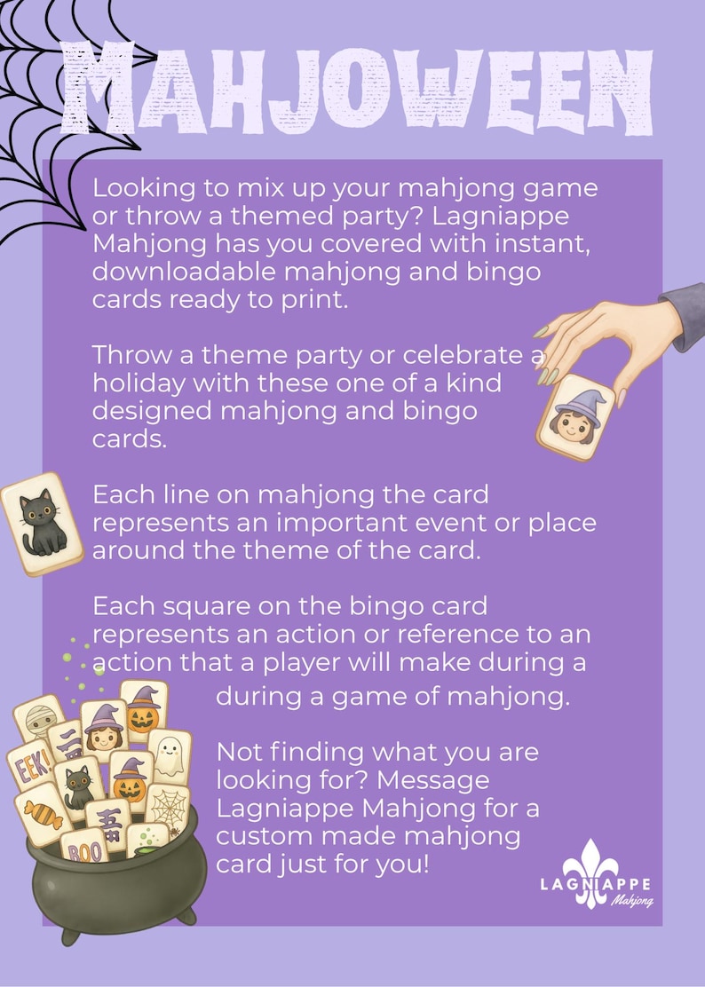 Puede incluir: Un folleto informativo morado titulado MAHJOWEEN con un gr&aacute;fico de telara&ntilde;a negra, una mano sosteniendo una tarjeta con una ilustraci&oacute;n de bruja y un caldero verde oscuro lleno de fichas de mahjong y tarjetas de bingo con tem&aacute;tica de Halloween.