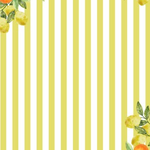 May include: A digital illustration featuring a yellow and white striped background. Watercolor illustrations of oranges and lemons with green leaves are in the corners. The image has a fresh, summery feel.