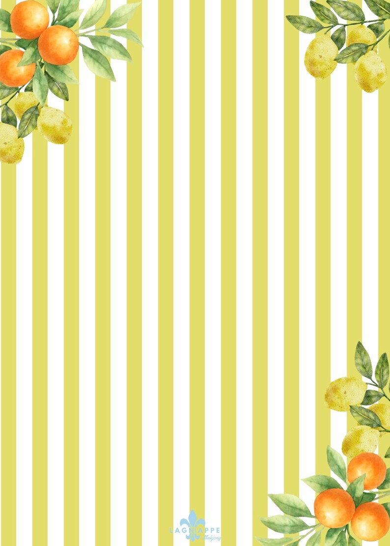 May include: A digital illustration featuring a yellow and white striped background. Watercolor illustrations of oranges and lemons with green leaves are in the corners. The image has a fresh, summery feel.