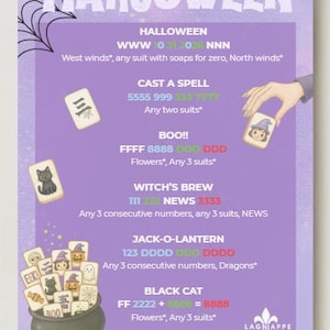 Puede incluir: Una tarjeta de puntuaci&oacute;n Mahjoween morada con manos de Mahjong tem&aacute;ticas de Halloween. El texto incluye t&iacute;tulos de juegos como Cast a Spell, Boo y Witch's Brew con combinaciones de fichas. Un caldero lleno de fichas ilustradas aparece abajo.