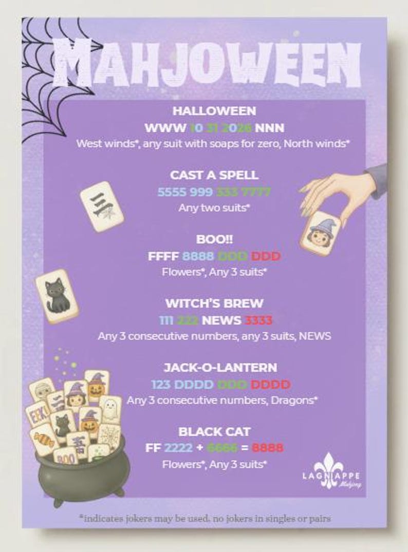 Puede incluir: Una tarjeta de puntuaci&oacute;n Mahjoween morada con manos de Mahjong tem&aacute;ticas de Halloween. El texto incluye t&iacute;tulos de juegos como Cast a Spell, Boo y Witch's Brew con combinaciones de fichas. Un caldero lleno de fichas ilustradas aparece abajo.