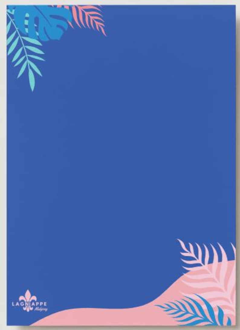 May include: A blue background with tropical leaf designs in shades of blue and pink. The design includes a fleur-de-lis logo and the text "LAGNAPPE Meldying".