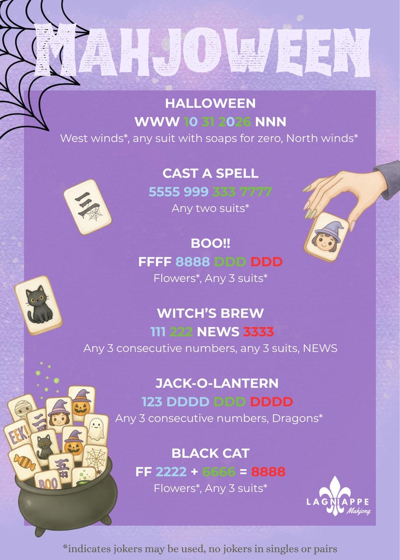 Puede incluir: Una tarjeta de puntuaci&oacute;n Mahjoween morada con manos de Mahjong tem&aacute;ticas de Halloween. El texto enumera combinaciones de juego como Cast a Spell, Boo y Witch's Brew con n&uacute;meros coloridos e instrucciones. Un caldero negro contiene fichas.