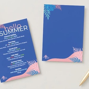 May include: Two blue summer-themed cards with pink and blue leaf accents. One card has the text "hello SUMMER" and summer event details. A gold pen rests on the white surface next to the cards.