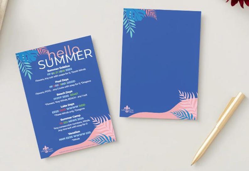 May include: Two blue summer-themed cards with pink and blue leaf accents. One card has the text "hello SUMMER" and summer event details. A gold pen rests on the white surface next to the cards.