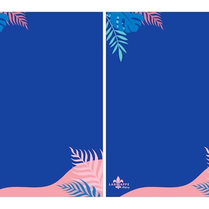 May include: Two identical blue backgrounds with tropical leaf accents in pink, blue, and teal. The leaves are arranged in the upper left and lower right corners. A pink wave shape is at the bottom with blue leaves. The logo "LAGAPPE Making" is in the lower left.