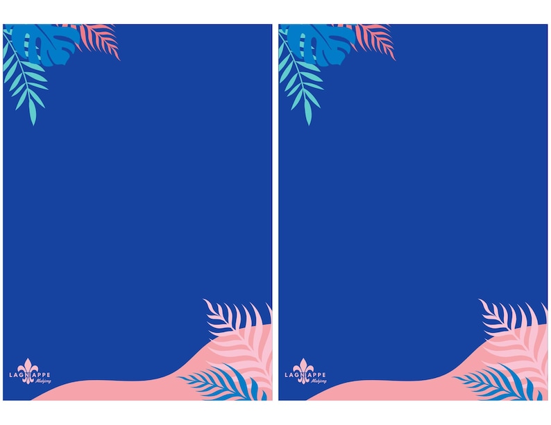 May include: Two identical blue backgrounds with tropical leaf accents in pink, blue, and teal. The leaves are arranged in the upper left and lower right corners. A pink wave shape is at the bottom with blue leaves. The logo "LAGAPPE Making" is in the lower left.