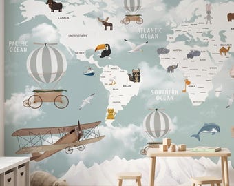 Kids World Map Wallpaper, Nursery Wall Mural with Animals, Vintage Airplane and Hot Air Balloon Decor, Educational Playroom Art