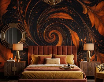 Dark Botanical Wallpaper, Luxury Black & Burnt Orange Wall Mural, Moody Floral Home Decor