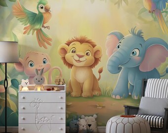 Safari Jungle Animal Peel and Stick Wallpaper, Cute Lion Elephant Monkey Mural, Removable Nursery Wall Decor | Vinyl or Fabric, Eco Friendly