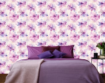 Watercolor Floral Peel and Stick Wallpaper: Pink & Purple Blossom Design