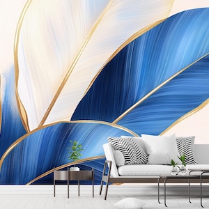 Blue & Gold Leaf Peel and Stick Wallpaper: Modern Botanical Mural