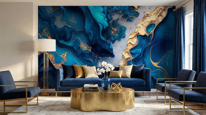 Luxury Navy Blue & Gold Marble Wallpaper, Abstract Liquid Mural, Modern ...