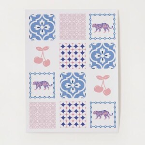 May include: A decorative print with a grid of patterned squares. The design includes blue and white floral patterns, pink cherries, pink and blue tigers, and pink geometric shapes. The print is on a white background.