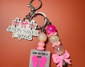 Jesus Saves, I Spend beaded keychain