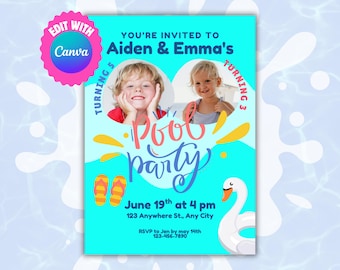 May include: A teal pool party invitation with the text "You're Invited to Aiden & Emma's". The invitation includes photos of two children, the words "Pool Party", and the date and time of the event.