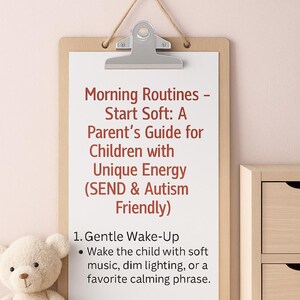 May include: A wooden clipboard with a white paper featuring text about morning routines for children with unique energy. A beige teddy bear sits to the left. A wooden cabinet is on the right.