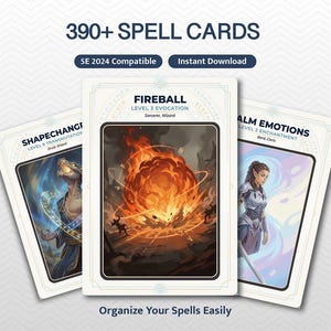 May include: Three spell cards with illustrations and text. The center card shows a fireball with the text "FIREBALL LEVEL 3 EVOCATION". The other cards show illustrations of a humanoid creature and a woman. Text at the top reads "390+ SPELL CARDS".