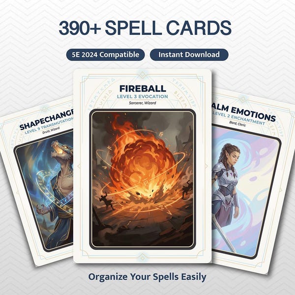 Cartas de Magia de D&D 5.5 2024 para Imprimir (mais de 390) em PDF – cartas de referência para D&D, acessório para RPG - Mago, Bardo, Bruxo, Druida, Patrulheiro e muito mais