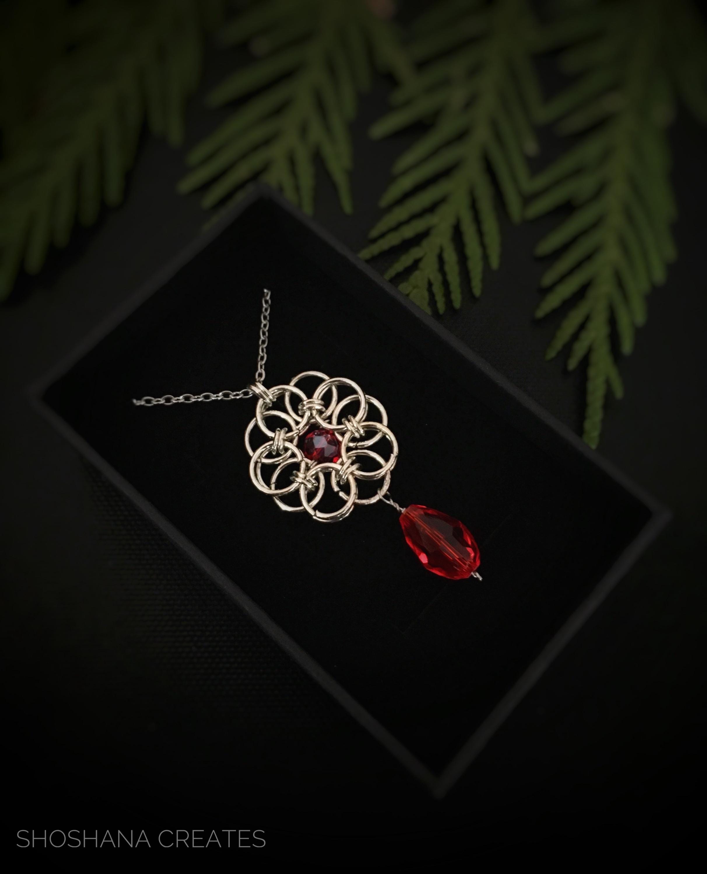 Celtic Chainmail Flower Pendant: Red Glass Beads, Stainless Steel Chain ...