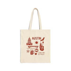 Austin Themed Cotton Canvas Tote Bag- Austin BBQ, Austin Souvenir Tote, Music Tote, Gift for Travelers, Reusable Shopping Bag, Austin Icons