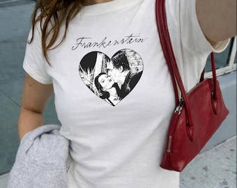 Frankenstein Baby Tee - Bride of Frankenstein Shirt, Halloween Crop, Gothic Monster Couple Top, Creature Design,90s Vintage, Spooky Season